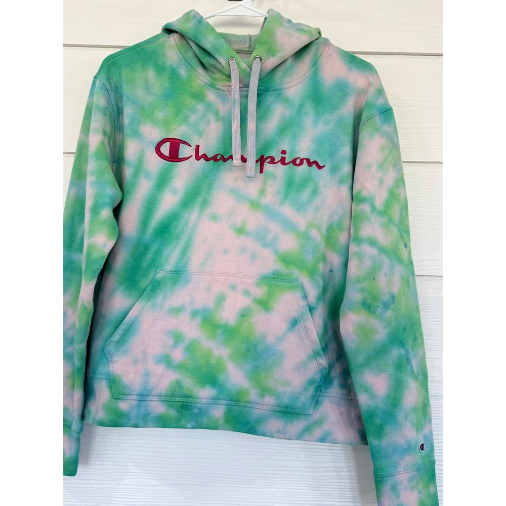 Champion Tie Dye Hoodie Green Pink Script Logo Sweatshirt Medium HPK H001 EO